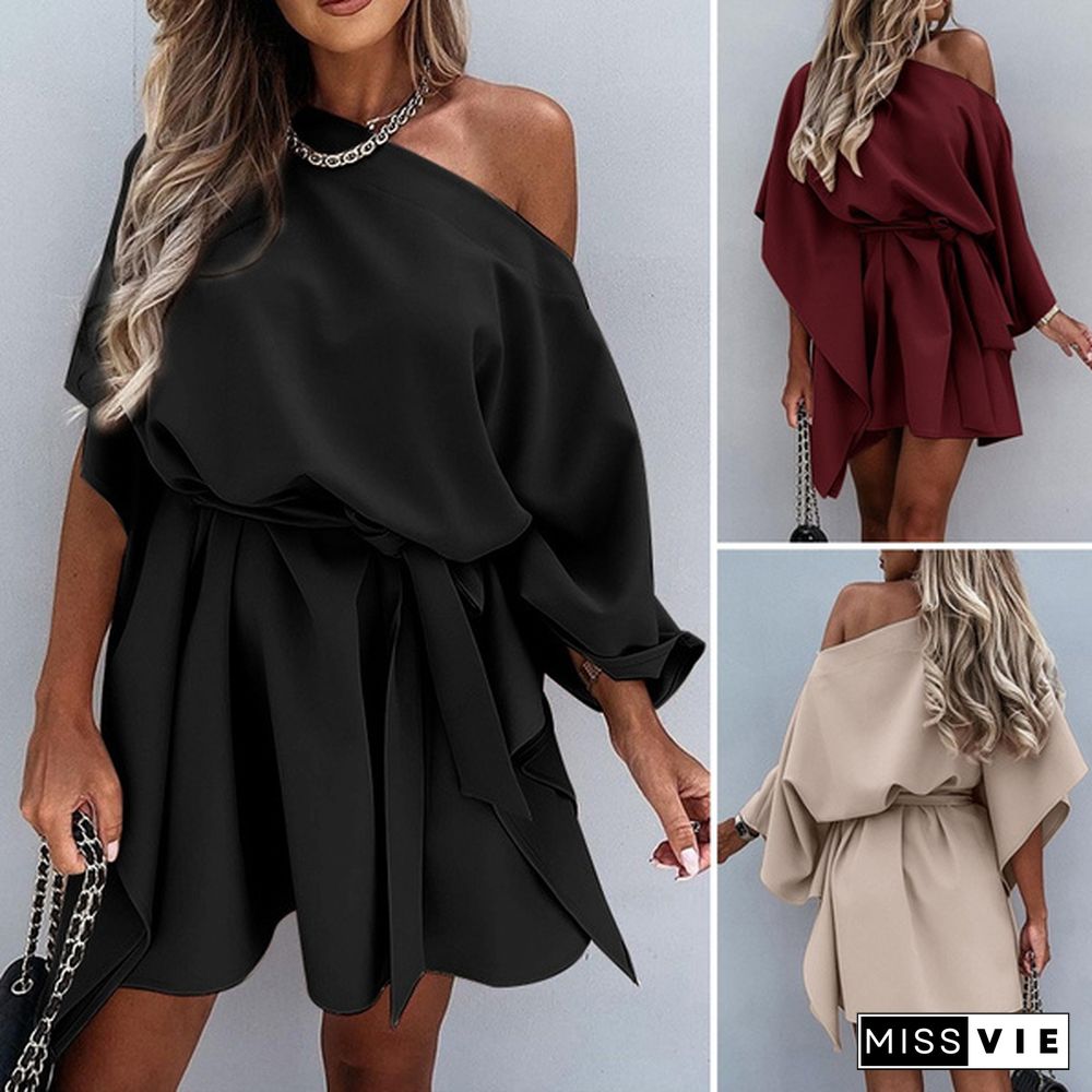 Women Fashion Batwing Sleeve Party Holiday Mini Dress One Off Shoulder Sexy Ruffled Short Dress Vestidos Plus Size