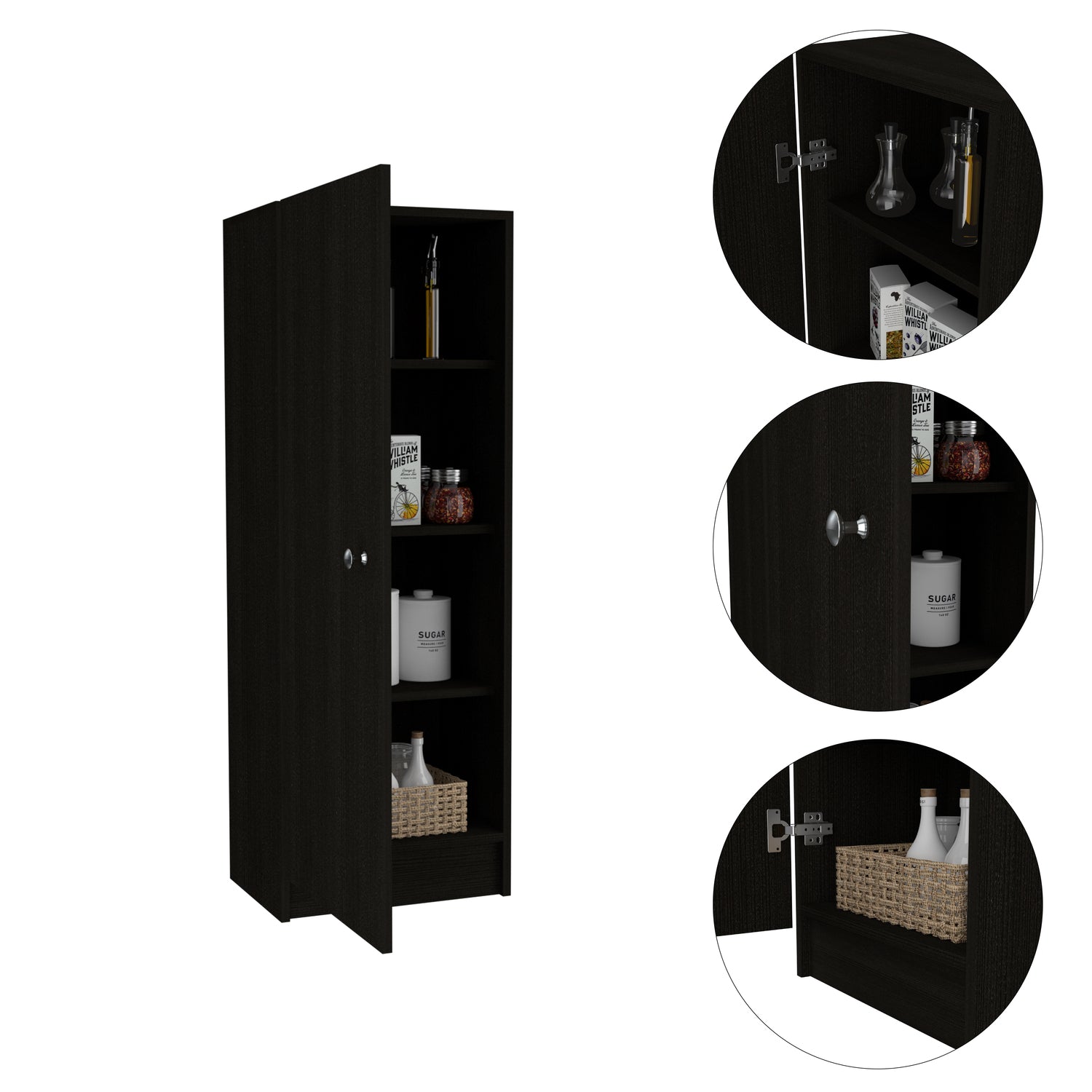 TUHOME Belleria Pantry， Handle， One-Door Cabinet， Four Internal Shelves， Black， For Kitchen Room