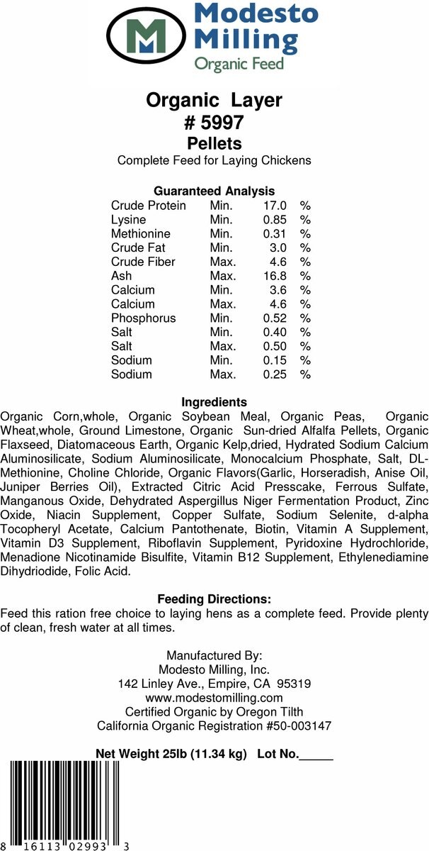 Modesto Milling Organic Layer Pellets Poultry Feed