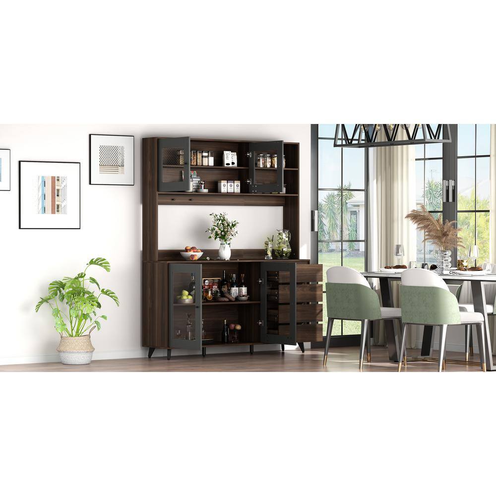 FUFUGAGA 63 in. L Brown Wood Buffet Sideboard Pantry Cabinet with 4-Drawers Hooks Open Shelves Doors for Kitchen Dining Room KF210128-023