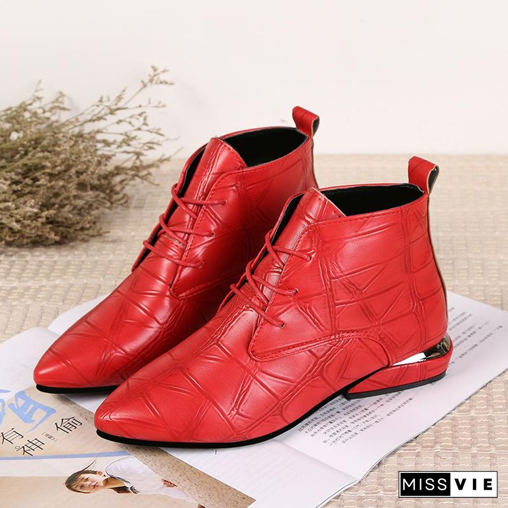 Pointed Toe Square Heel Women Boots Fashion High Heels Ankle Boots  Lace Up Leather Rubber Shoes