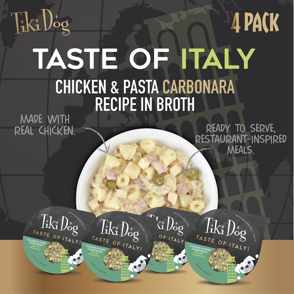 Tiki Dog Taste of Italy Chicken， Pasta and Carbonara Recipe in Broth Wet Dog Food， 3-oz cup， case of 4