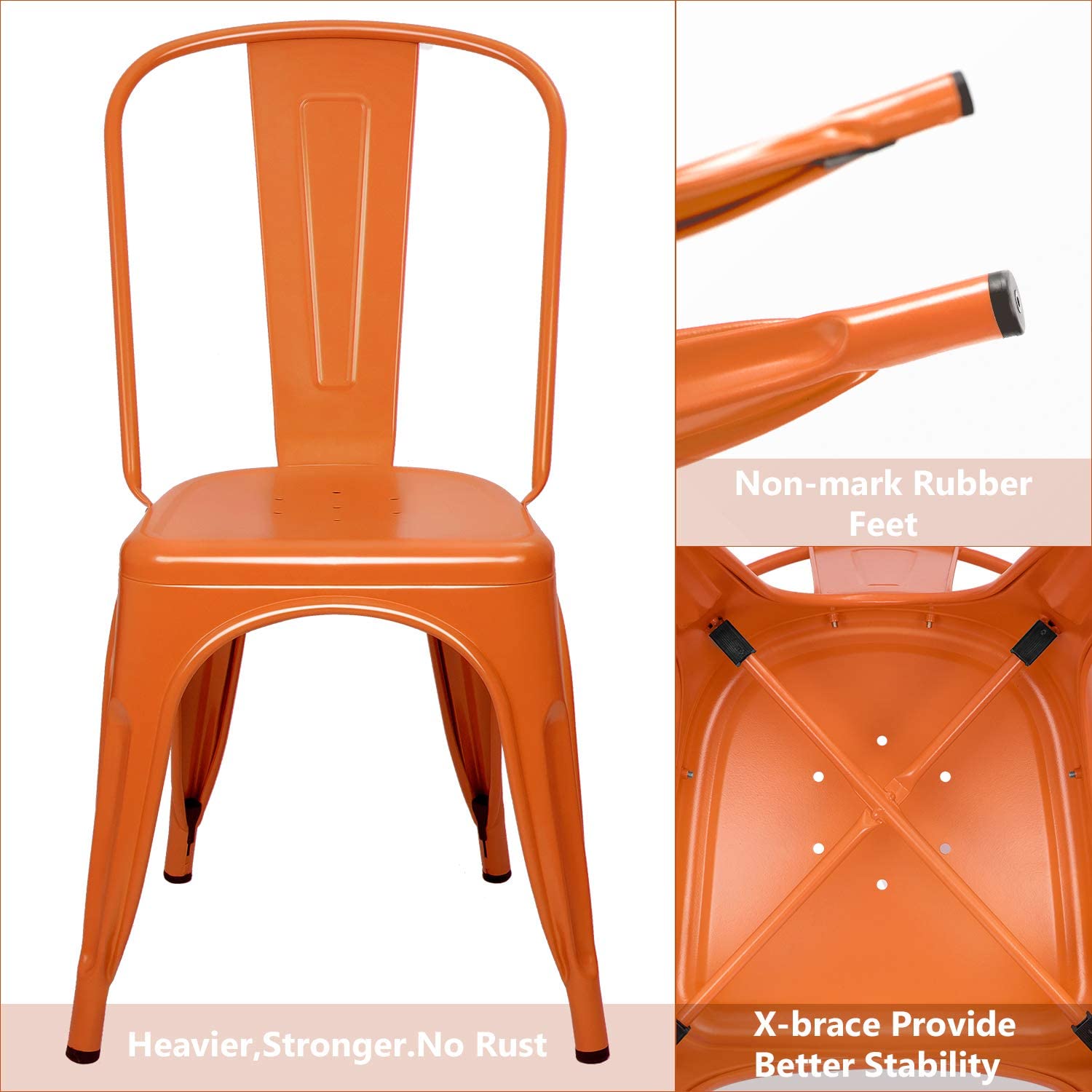 VINEEGO Metal Dining Chair Indoor-Outdoor Use Stackable Classic Trattoria Chair Fashion Dining Metal Side Chairs for Bistro Cafe Restaurant Set of 4 (Orange)