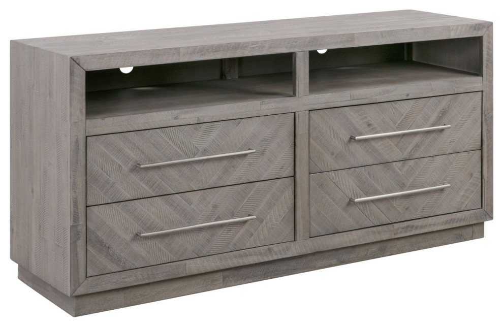 Benzara BM231897 64 Inches Herringbone Pattern 4 Drawer Media Console  Gray   Farmhouse   Entertainment Centers And Tv Stands   by Uber Bazaar  Houzz