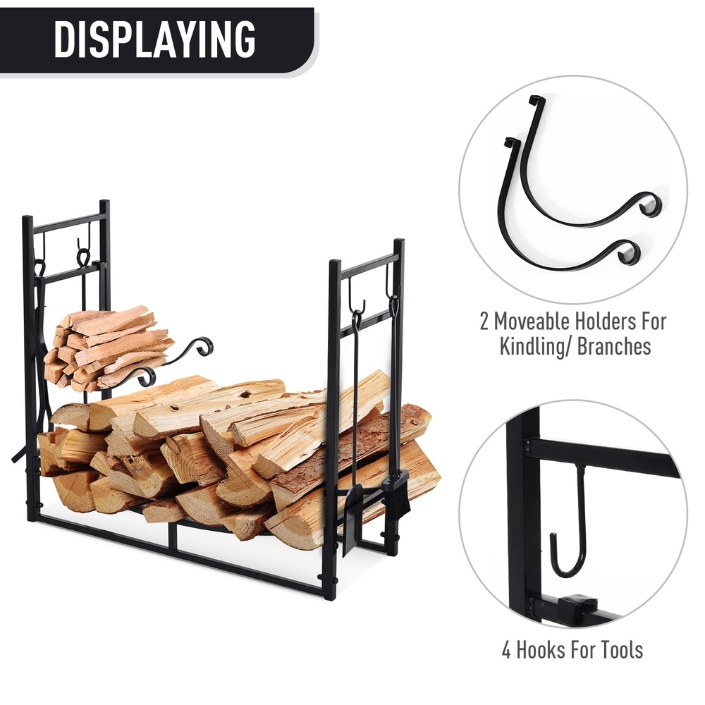Outsunny Wrought Iron Metal Heavy Duty Firewood Rack Indoor   Outdoor with Fireplace Tool Set