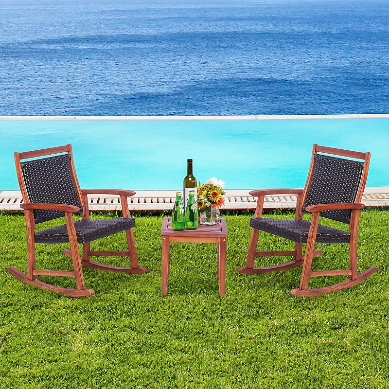 3 Pieces Acacia Wood Patio Rocking Chair Set with Side Table