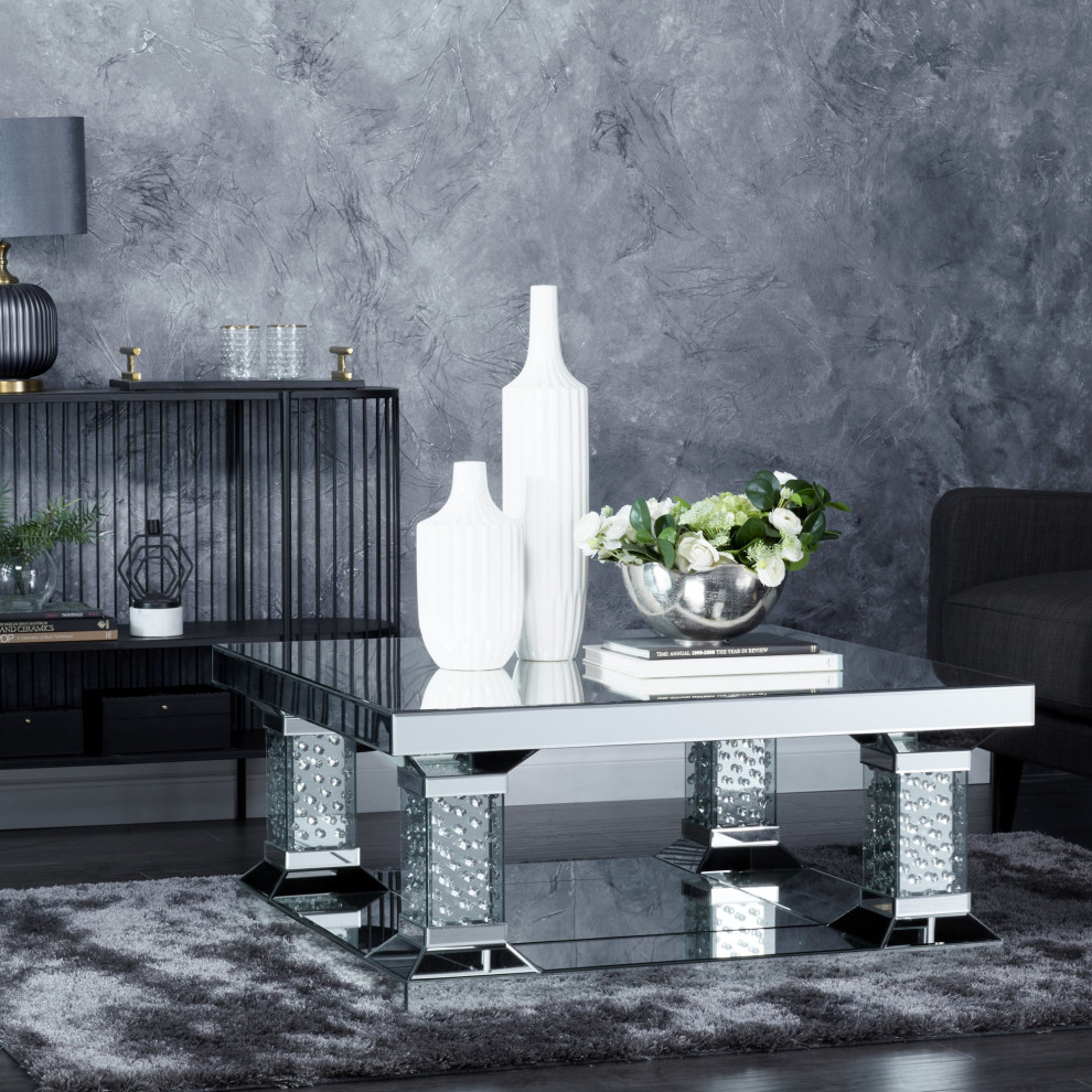 Contemporary Coffee Table  Mirrored Design With Dazzling Crystal Details  Silver   Contemporary   Coffee Tables   by Declusia  Houzz