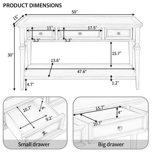 Leah Console Table with Three Drawers and Open Shelf - 50“L x 15”W x 30”H