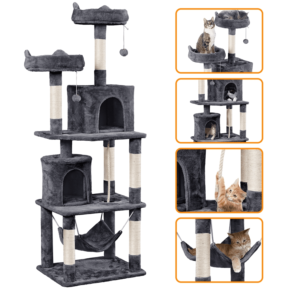 SMILE MART 70.5″H Multi Level Cat Tower Tree with 2 Condos and 2 Foam-Padded Perches for Medium/Large Cats， Light Gray