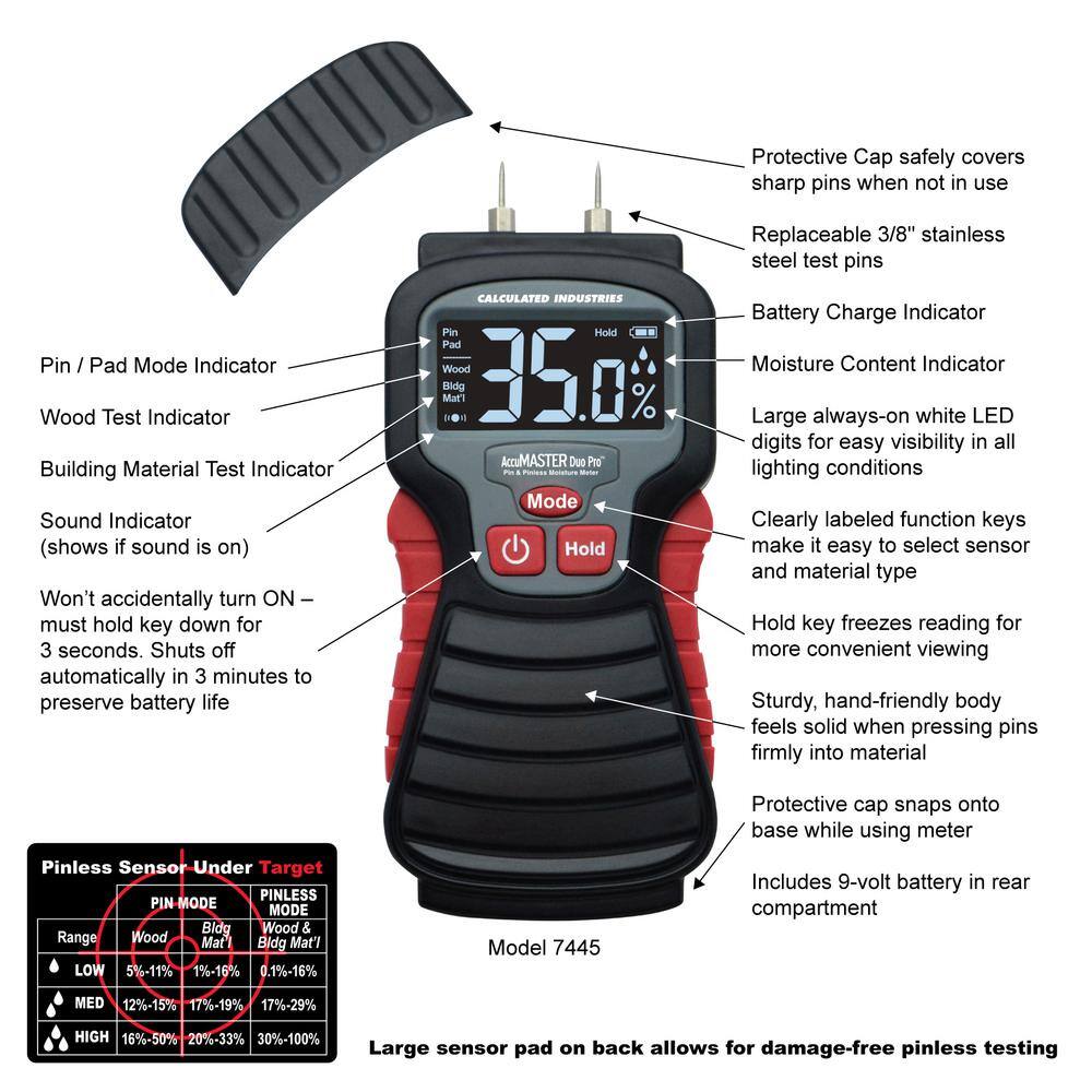 Calculated Industries AccuMASTER Duo Pro Pin and Pinless Moisture Meter for Wood and Building Materials 7445