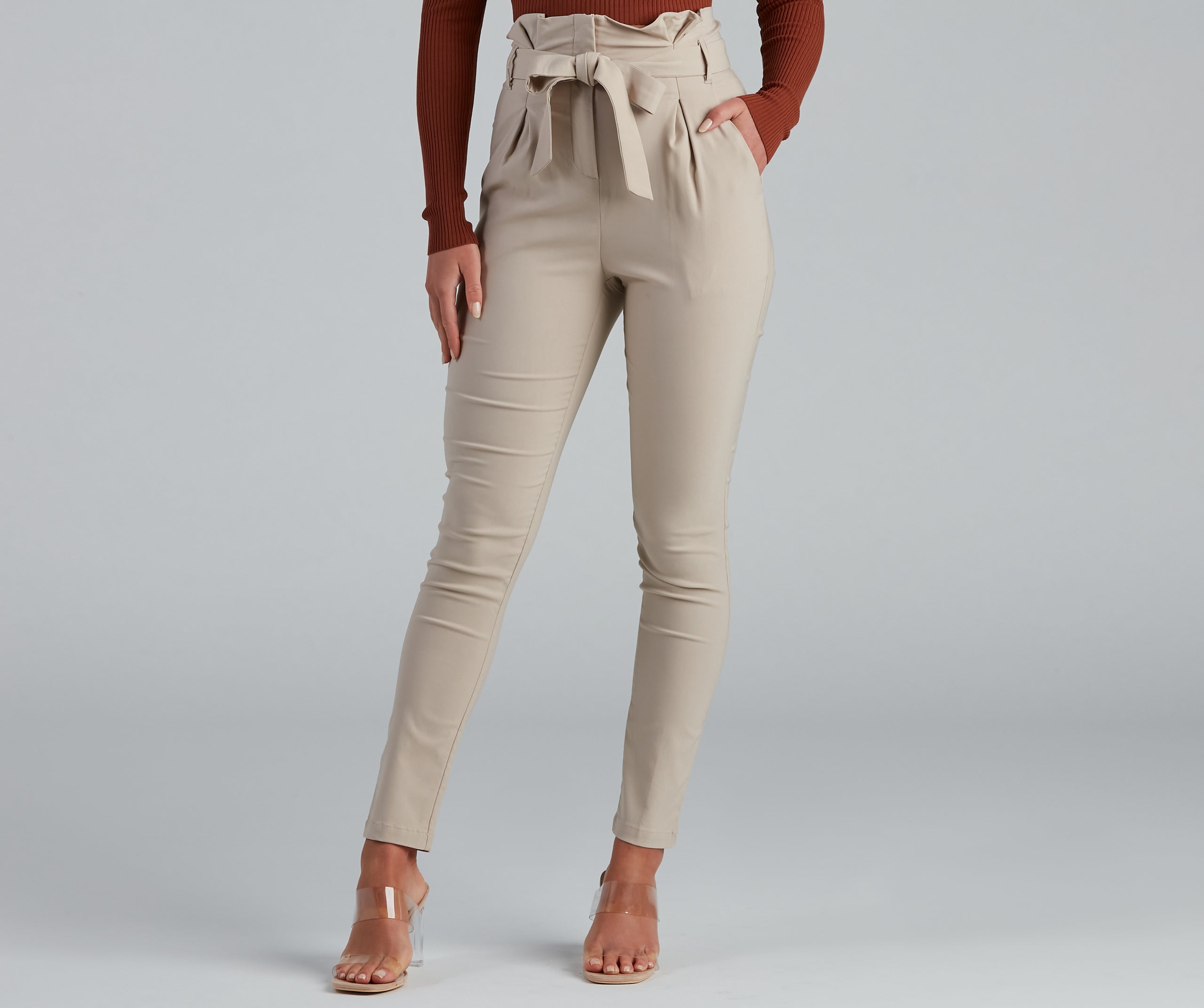 High Waist Paperbag Skinny Dress Pants