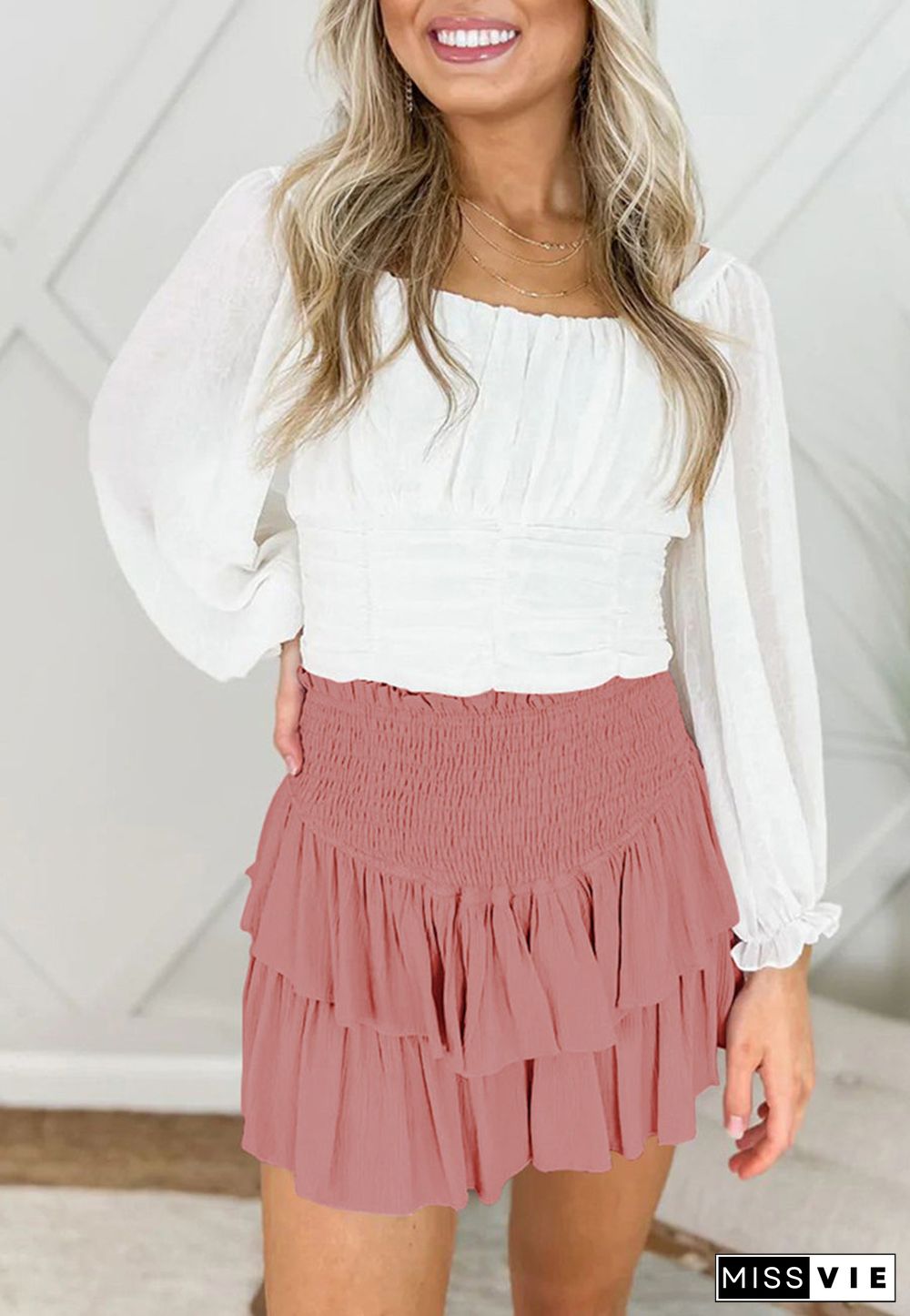 Shirred High Waist Tiered Skirt