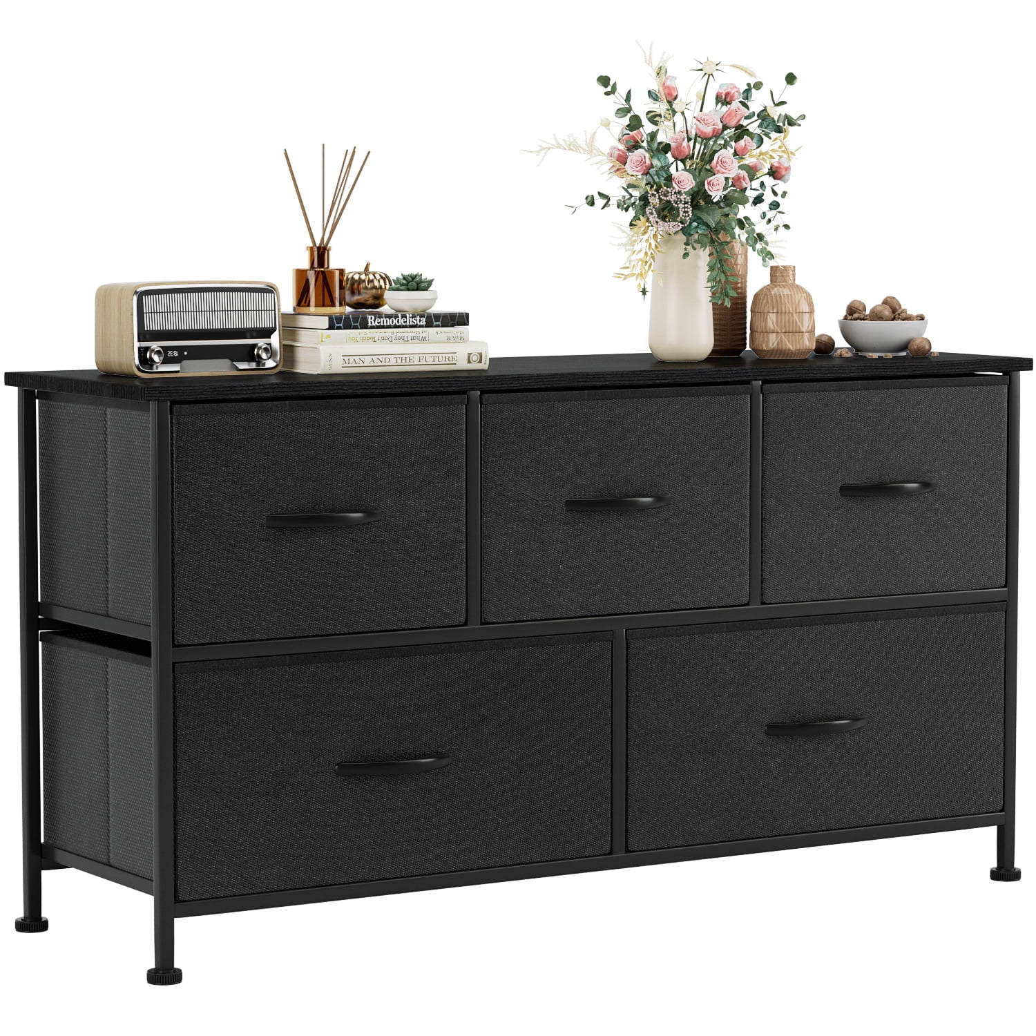 Vineego Dresser for Bedroom with 5 Drawers, Wide Chest of Drawers, Fabric Dresser,Black