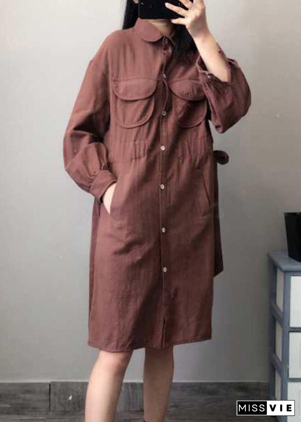 Women Spring Literary Lacing Splicing Shirt Midi Dress