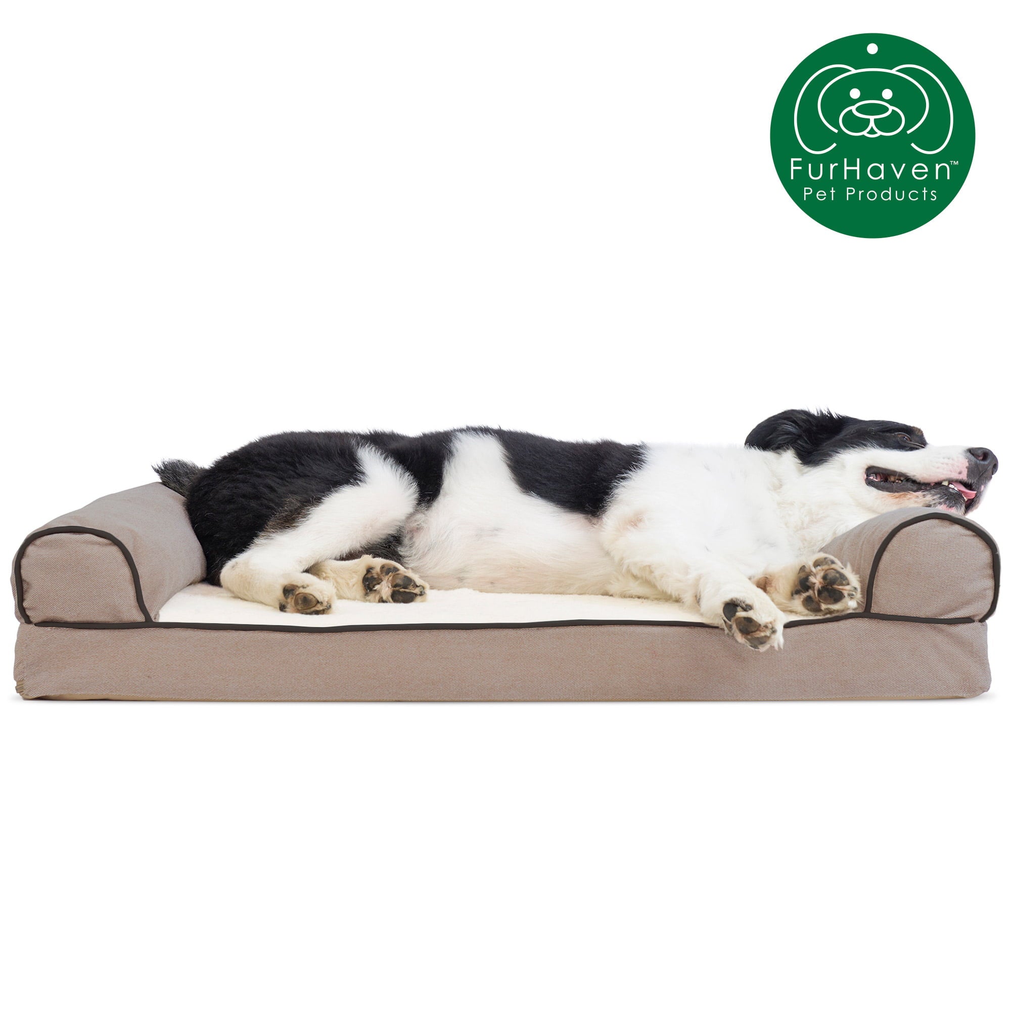 FurHaven Pet Products Cooling Gel Memory Foam Orthopedic Faux Sofa-Style Couch Pet Bed for Dogs and Cats， Cream， Large