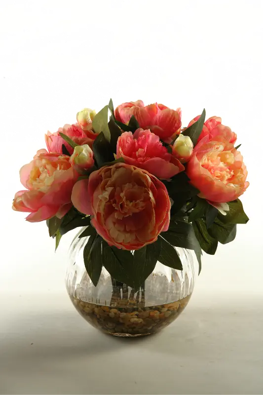 Faux Pink Peony Arrangement in Glass Ball Container