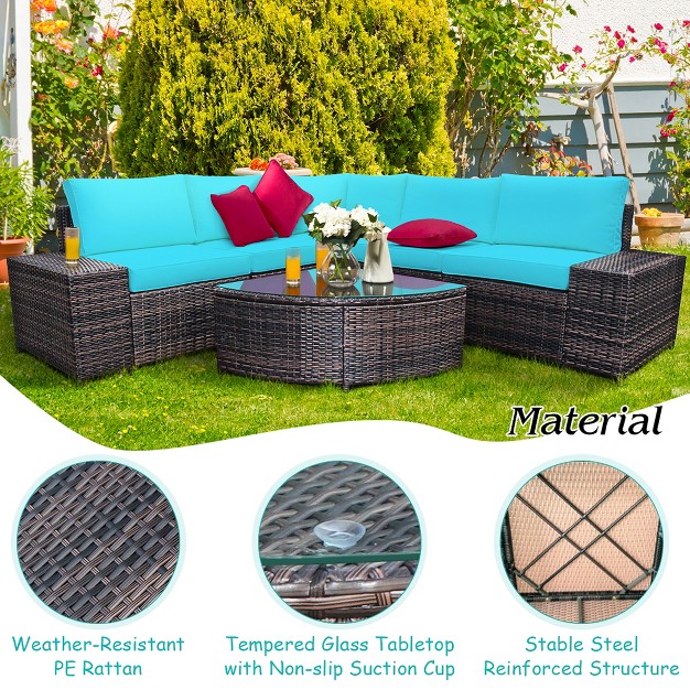 Costway 6pcs Rattan Furniture Set Conversation Cushioned Sofa Armrest Garden Turquoise white