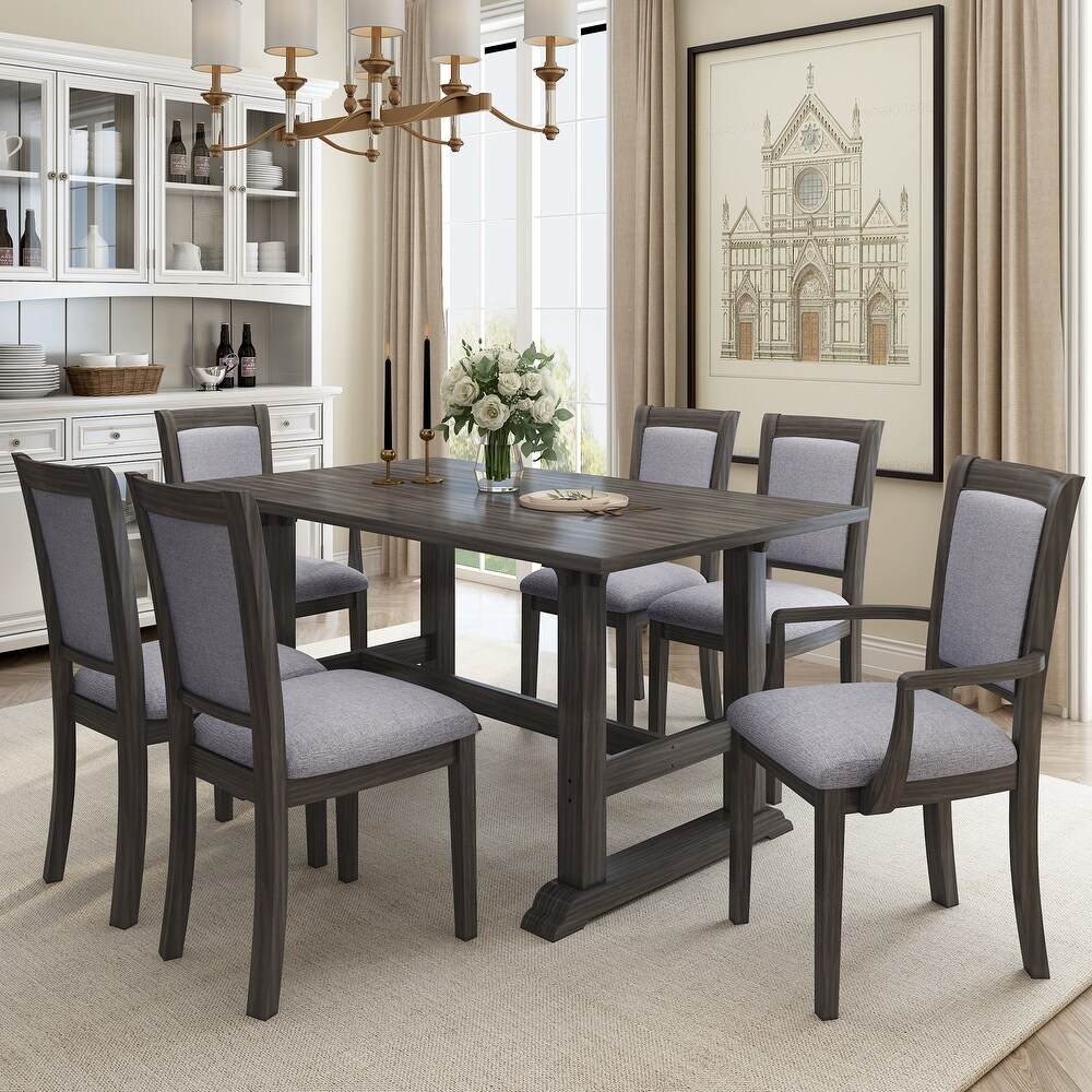 7 Piece Modern Wooden Dining Table Set with Upholstered Arm Dining Chairs and Rectangular Dining Table  for Dining Room