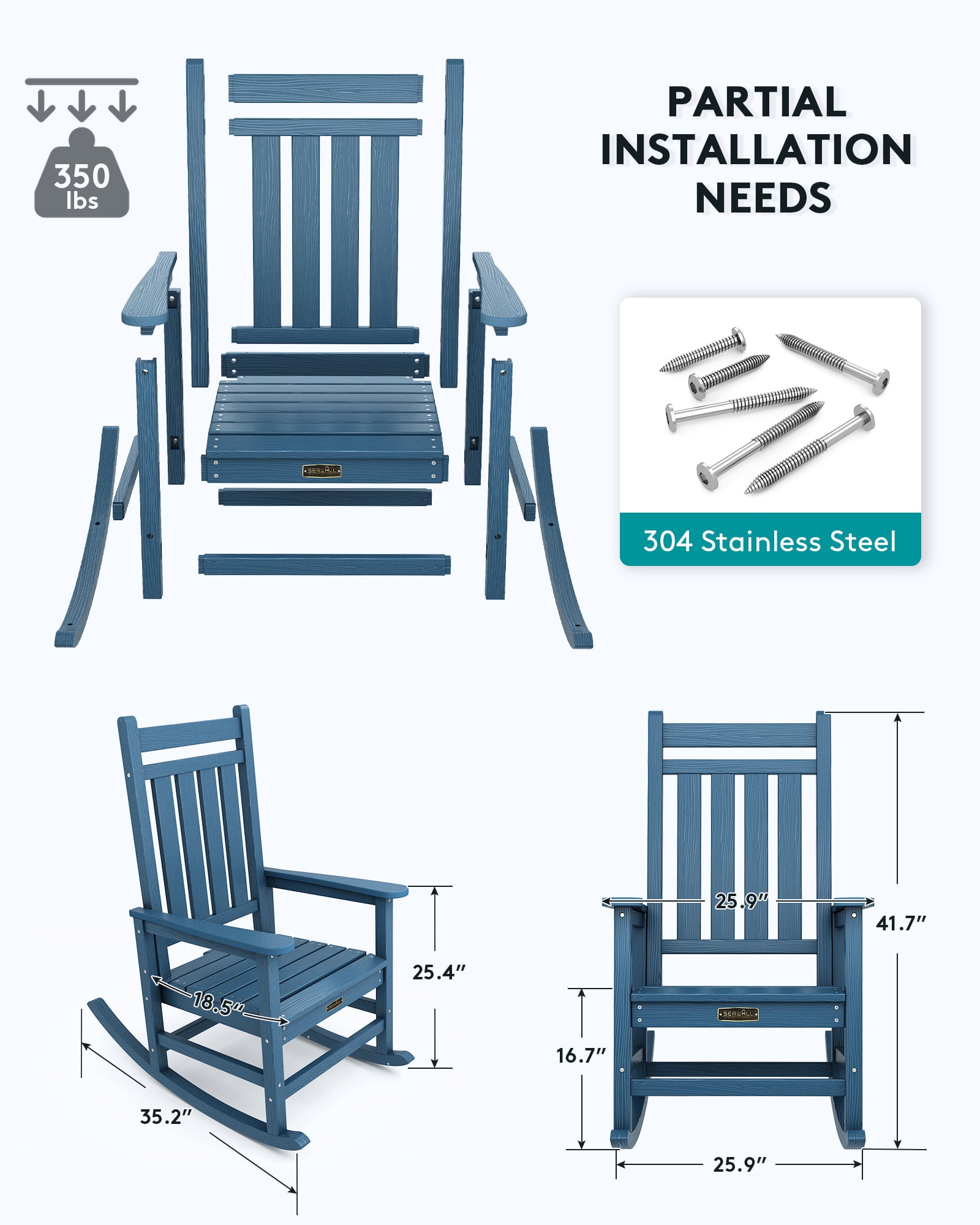 SERWALL Outdoor Oversized Slat Rocking Chair, Blue, HDPE