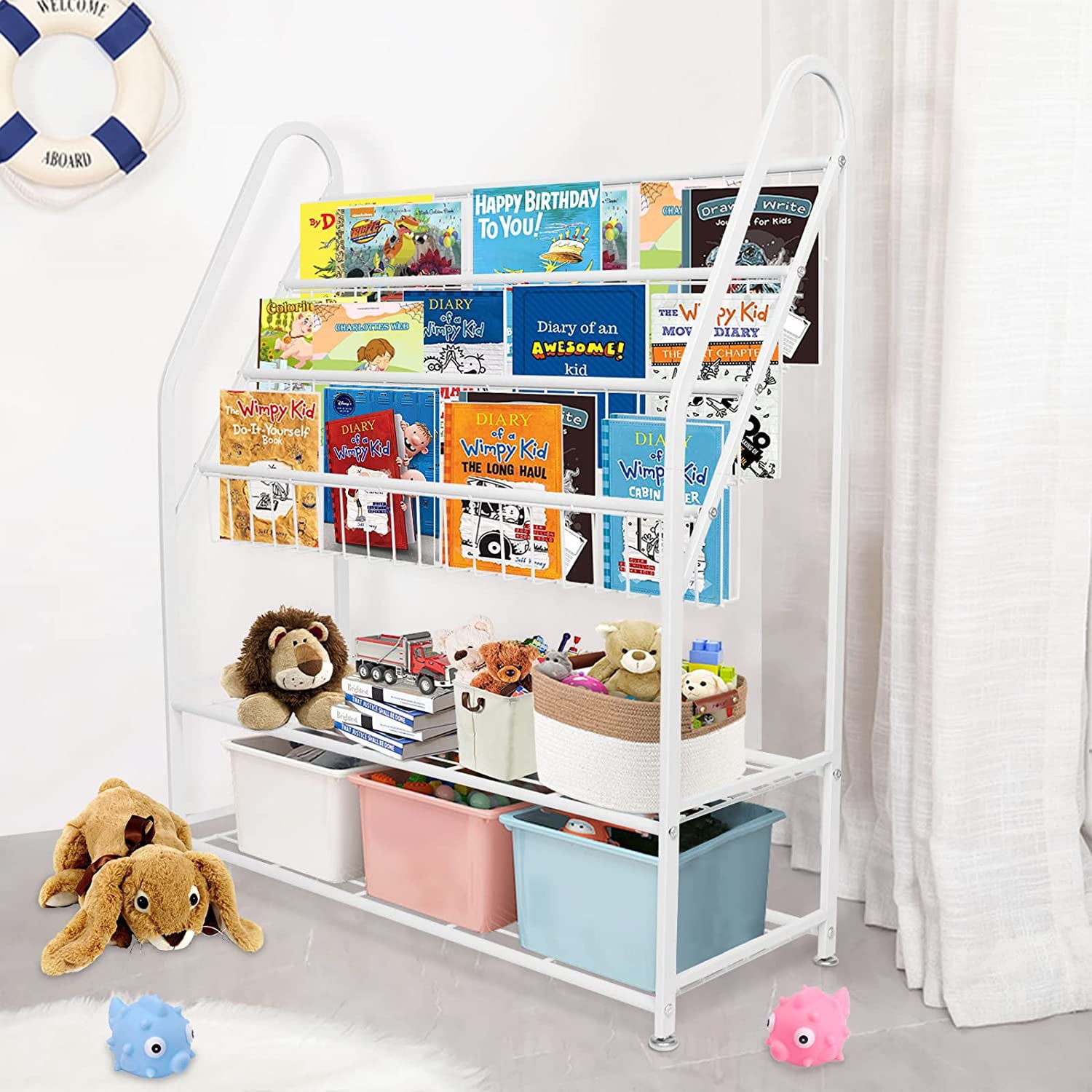 Metal Kids Bookshelf Freestanding,Book Organizer for Kids,Bookcase Rack 24in Bookshelf with 2 Tier Children's Toys Display Storage Organizer Shelves(5-tier/24in,White)