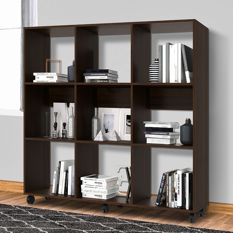 49 Inch Handcrafted Classic Wood Bookcase， 9 Open Compartments， Caster Wheels， Espresso Brown