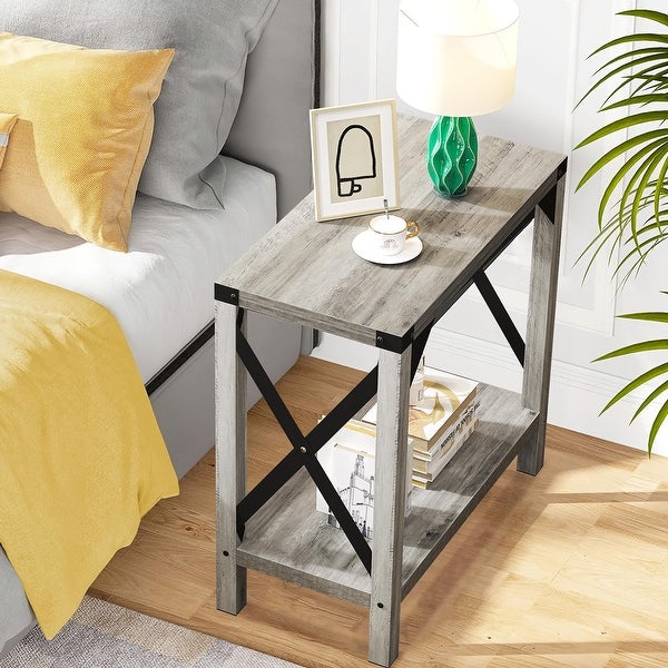 Narrow End Table for Small Spaces， Rectangular Farmhouse Nightstand Sofa Side Table for Living Room， Bedroom， Lounge(Grey)