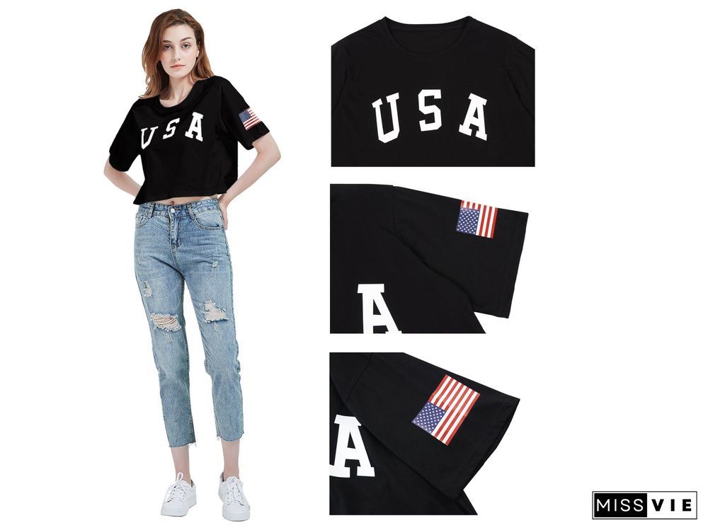 Anna-Kaci Women's Letter Print Crop Top Short Sleeve July 4th USA Flag T-Shirt