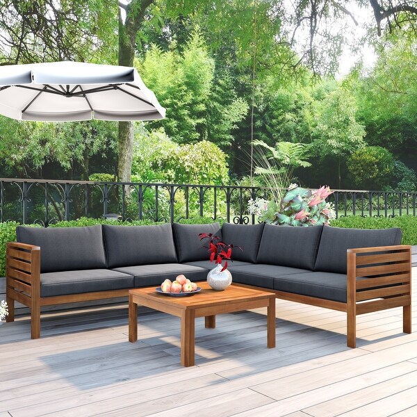 Acacia Wooden Outdoor Sectional Sofa Set，WaterResistant and Uv Protected Texture Sofa with Cushions and Table