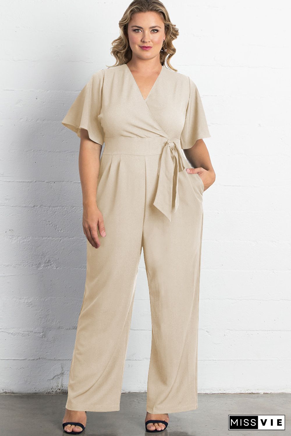 Apricot V Neck Tie Knot High Waist Plus Size Jumpsuit