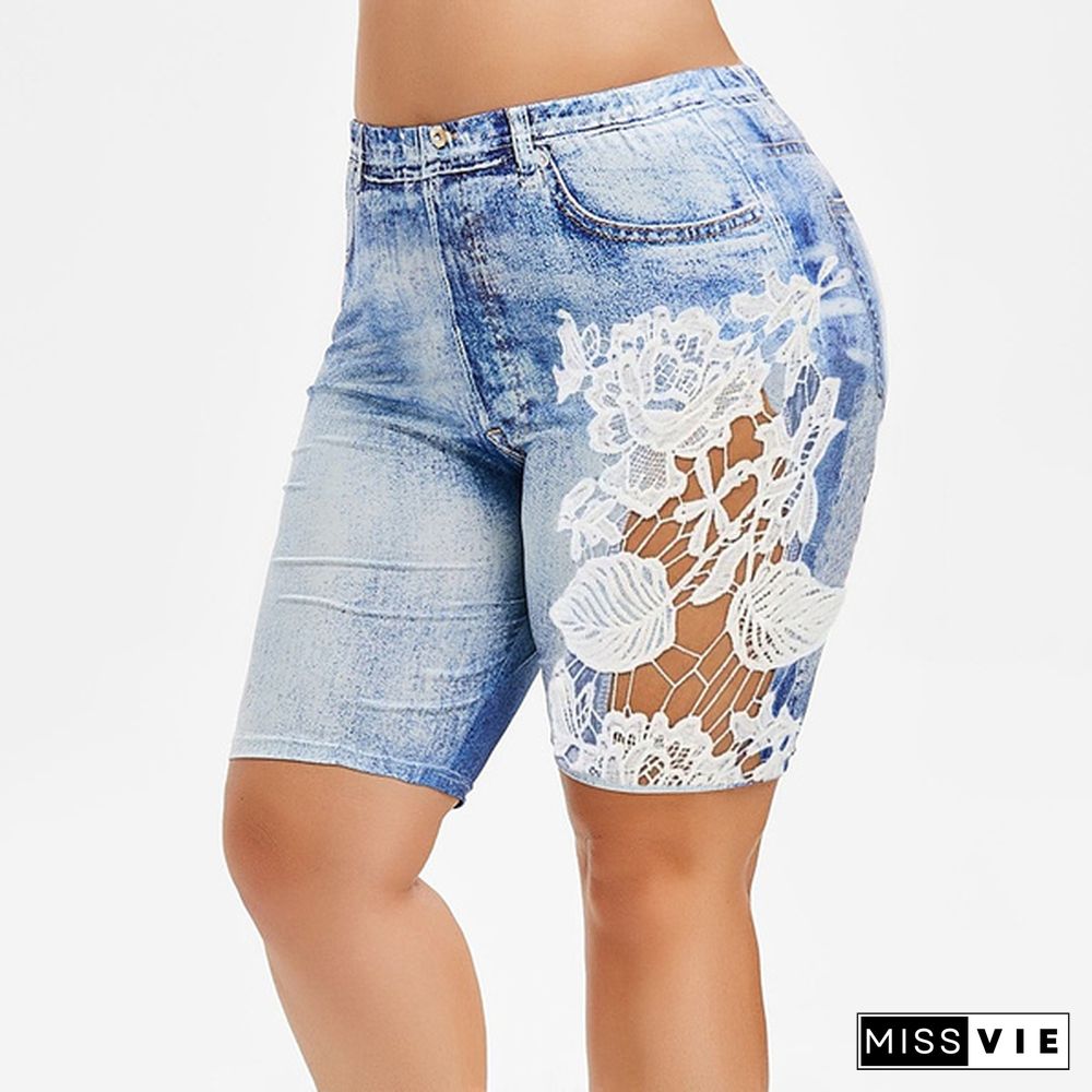 New Women's Fashion Plus Size Denim Leggings Short Summer Lace Fitted Leggings Knee Length Pants