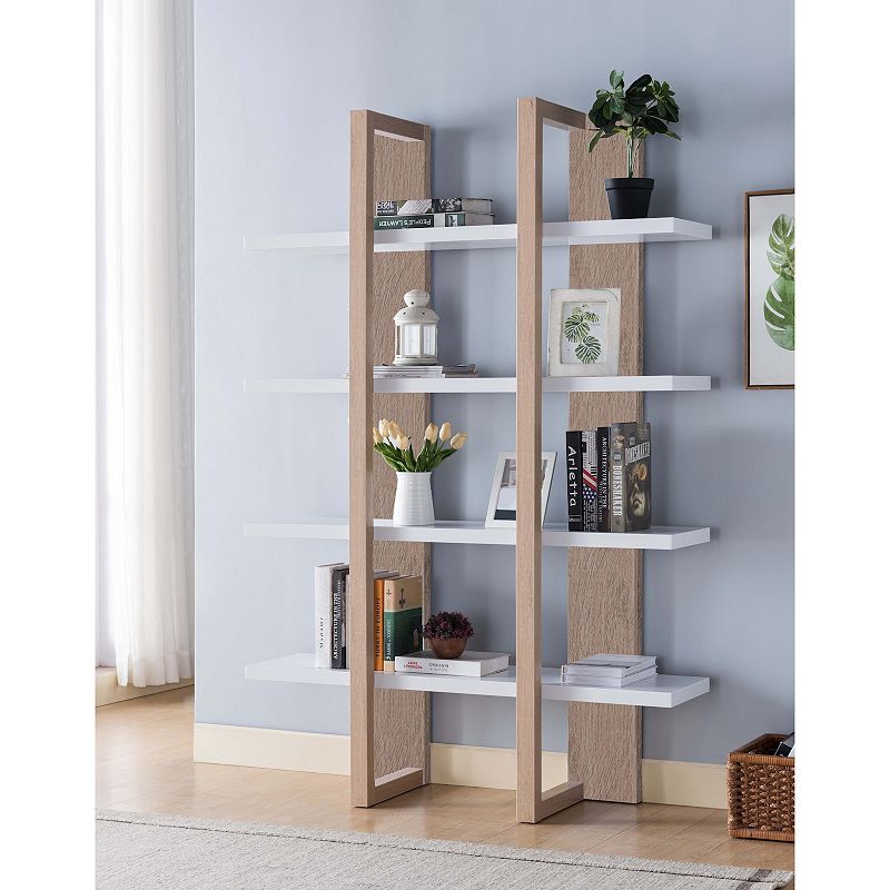 FC Design  White and Weathered White Rectangle Base White Bookcase with 4 Shelves