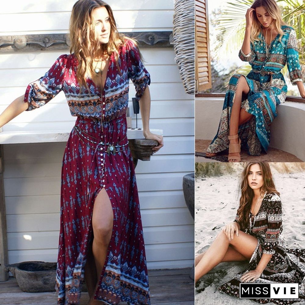 New Bohemian Printing Long Dress Women Maxi Long Dress Floral Print Retro Hippie Vestidos Chic Brand Clothing Boho Dress