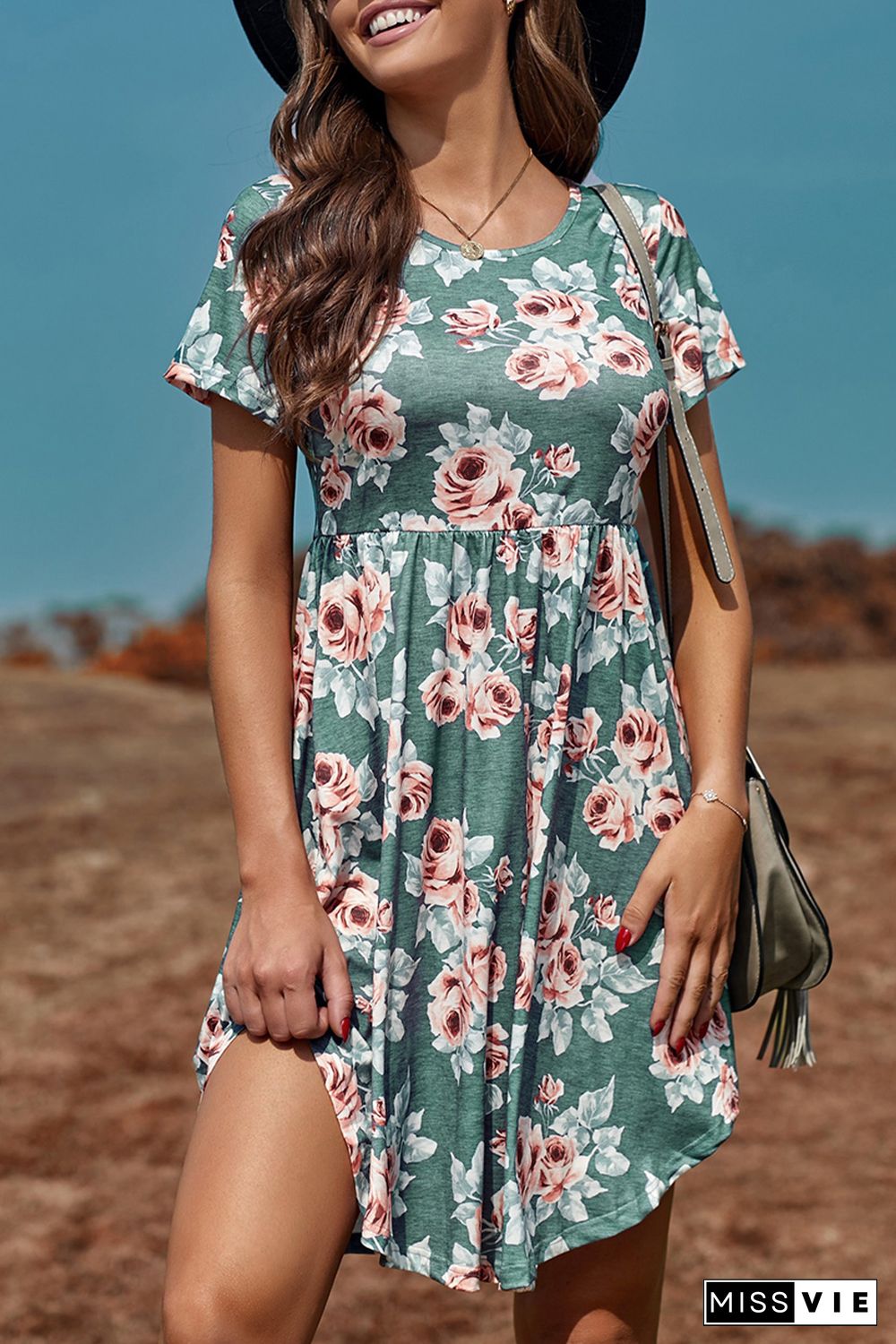 Green Floral Print Short Sleeve Pleated Mini Dress