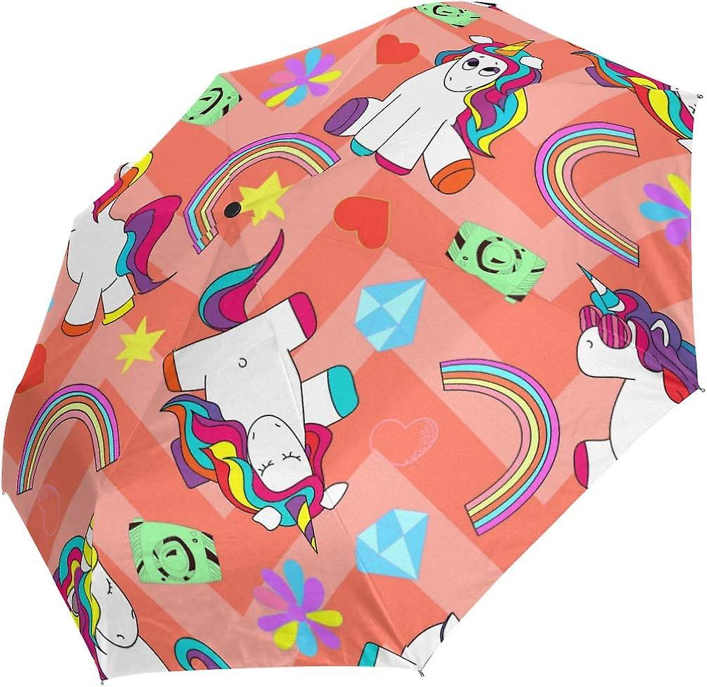 Travel Umbrella Automatic Windproof Foldable Umbrella Ute Colorful Unicorns