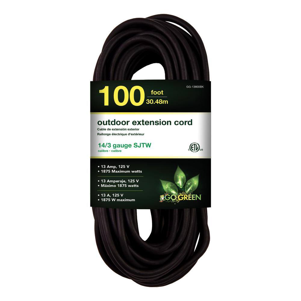 GoGreen Power 100 ft. 143 SJTW Outdoor Extension Cord - Black GG-13800BK