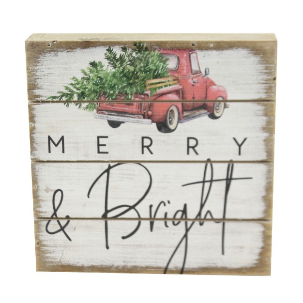 Christmas Merry amp Bright Block Sign One Plaque 5 75 Inches Red Truck Tree Farmhouse Chic Pet1969 Wood Multicolored