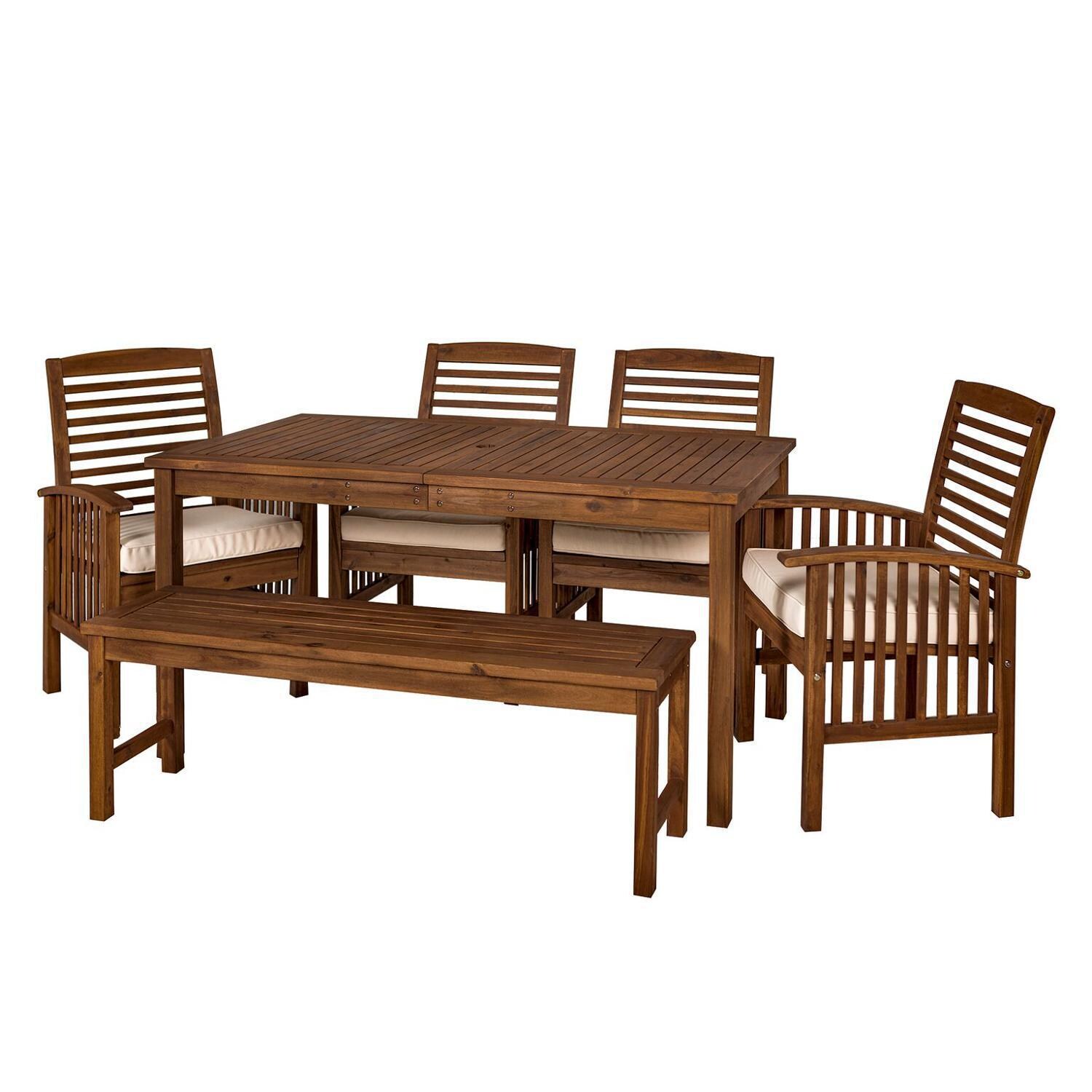 Ultimate Patio Horizon Way 6 Piece Dark Brown Acacia Patio Dining Set W/ 60 X 34 Inch Rectangular Table and Natural Cushions