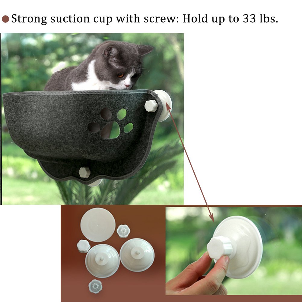 Feelers Cat Window Perch， Cat Hammock Window Seat with Durable Suction Cups Cat Bed， Felt Dark Gray， Holds Up to 33 lbs