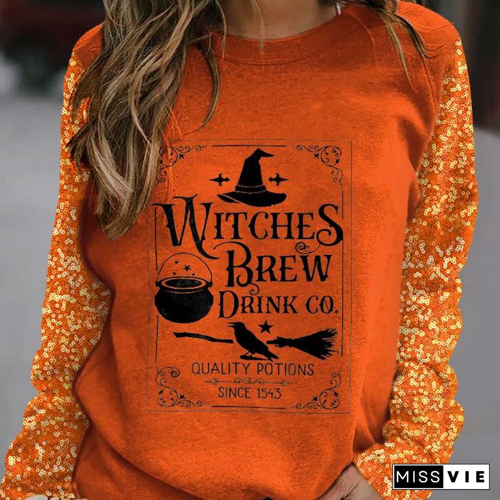 Witches Brew Drink Graphic Patchwork Sequin Sleeve Tee