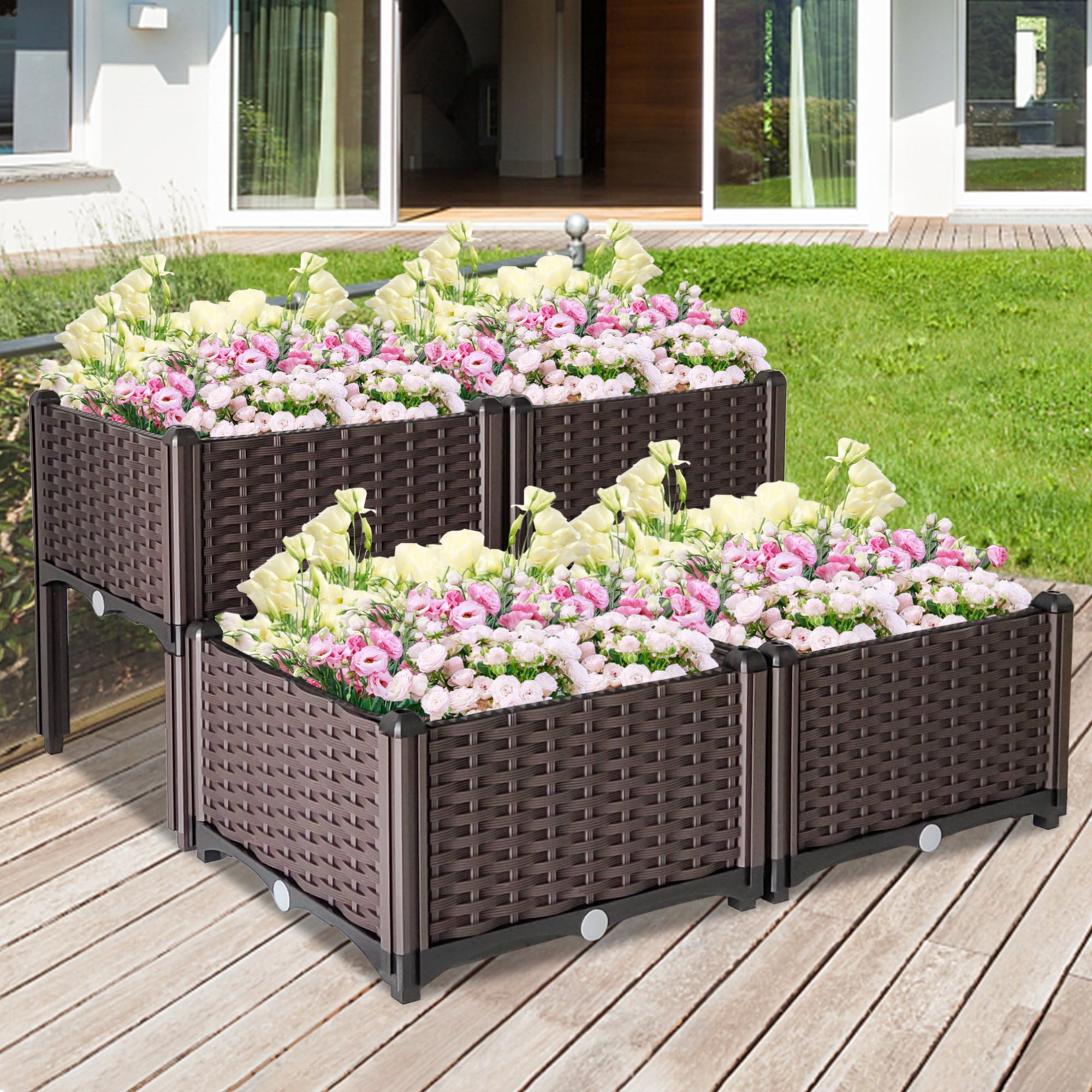 RoyalCraft Outdoor Plastic Raised Garden Bed with Legs, 4 Pcs Elevated Raised Garden Planter Box for in/Outdoor Plants Flowers Vegetables Herbs