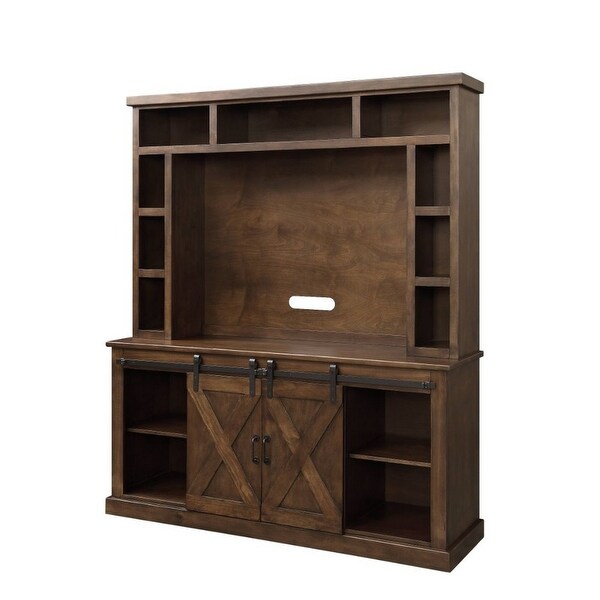 Wood Entertainment Center， 9 Open Compartments， Barn Sliding Doors， Brown