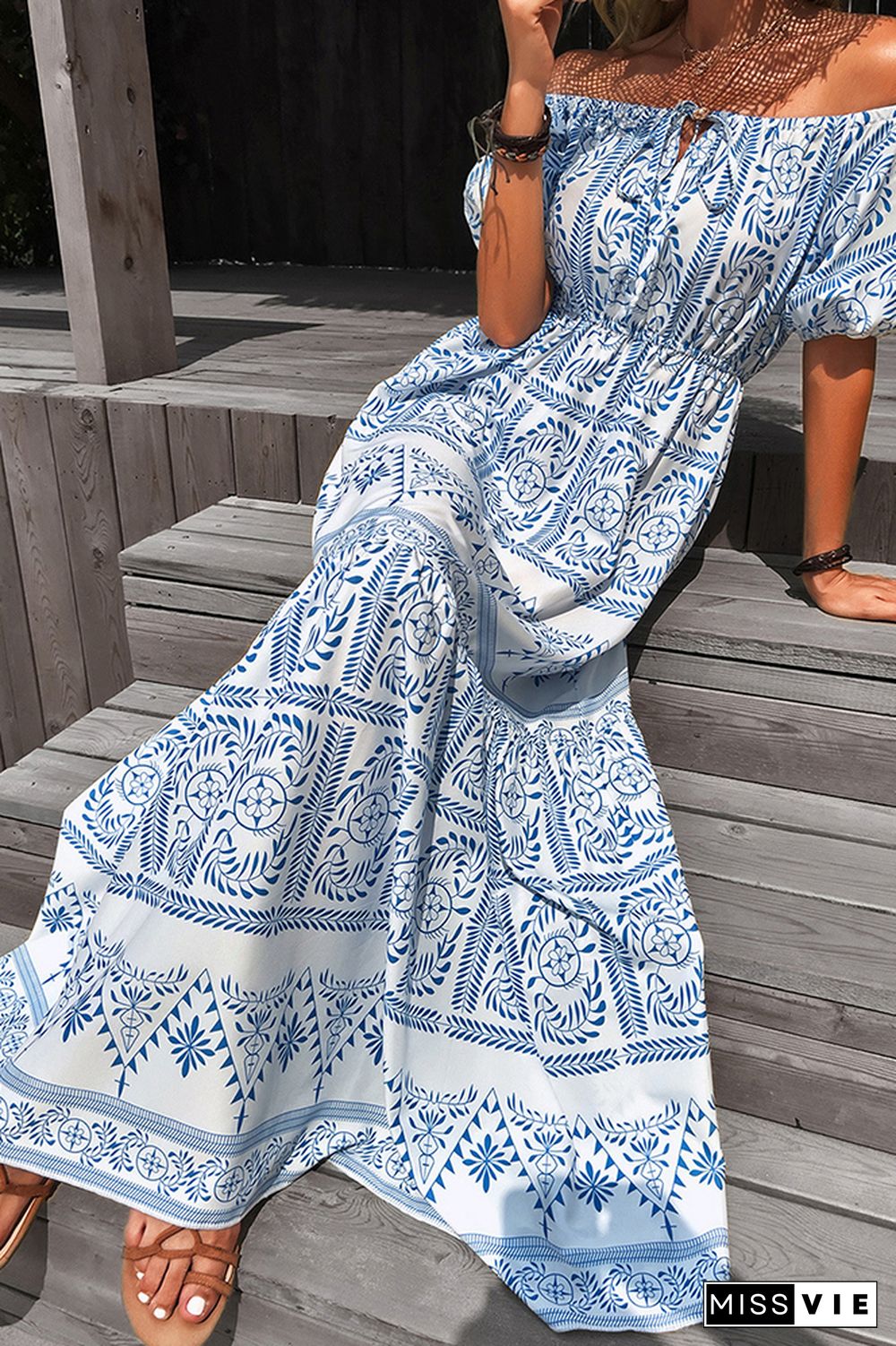 Off Shoulder Print Loose Maxi Dress Wholesale