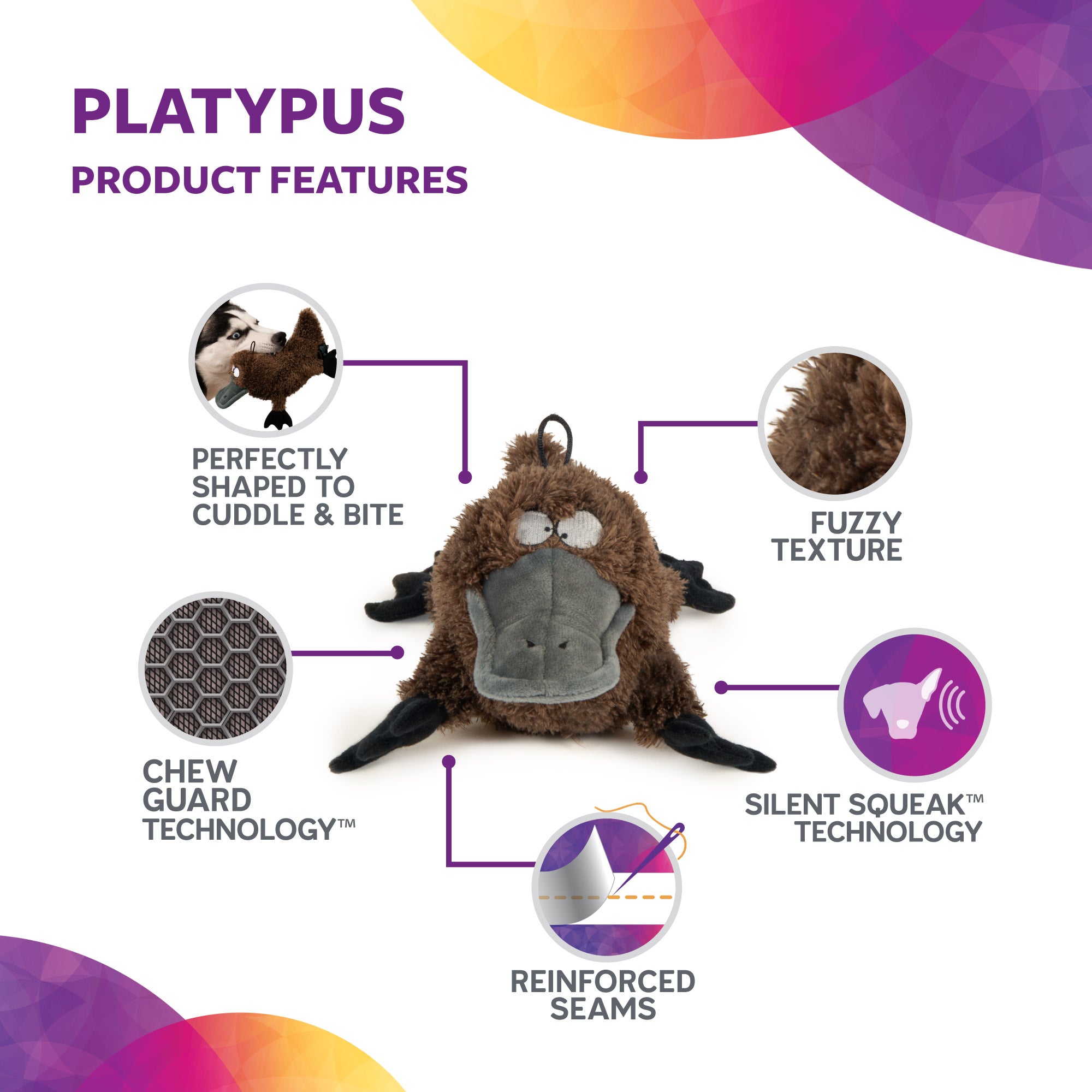 TrustyPup Strong 'N Silent Platypus， Durable Plush Silent Squeaker Dog Toy with Chew Guard Technology， Brown， Large