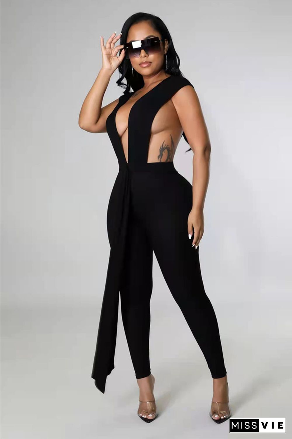 Deep V-neck Bandage Sleeveless Bodycon Jumpsuit