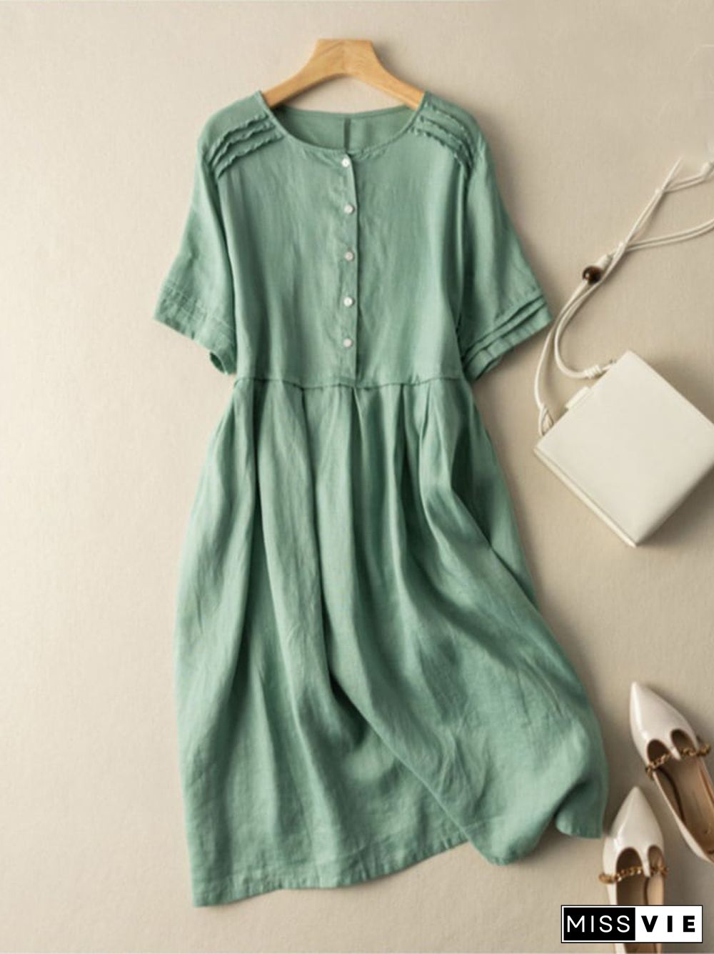 Women's Cotton Linen O-neck Solid Casual Dress