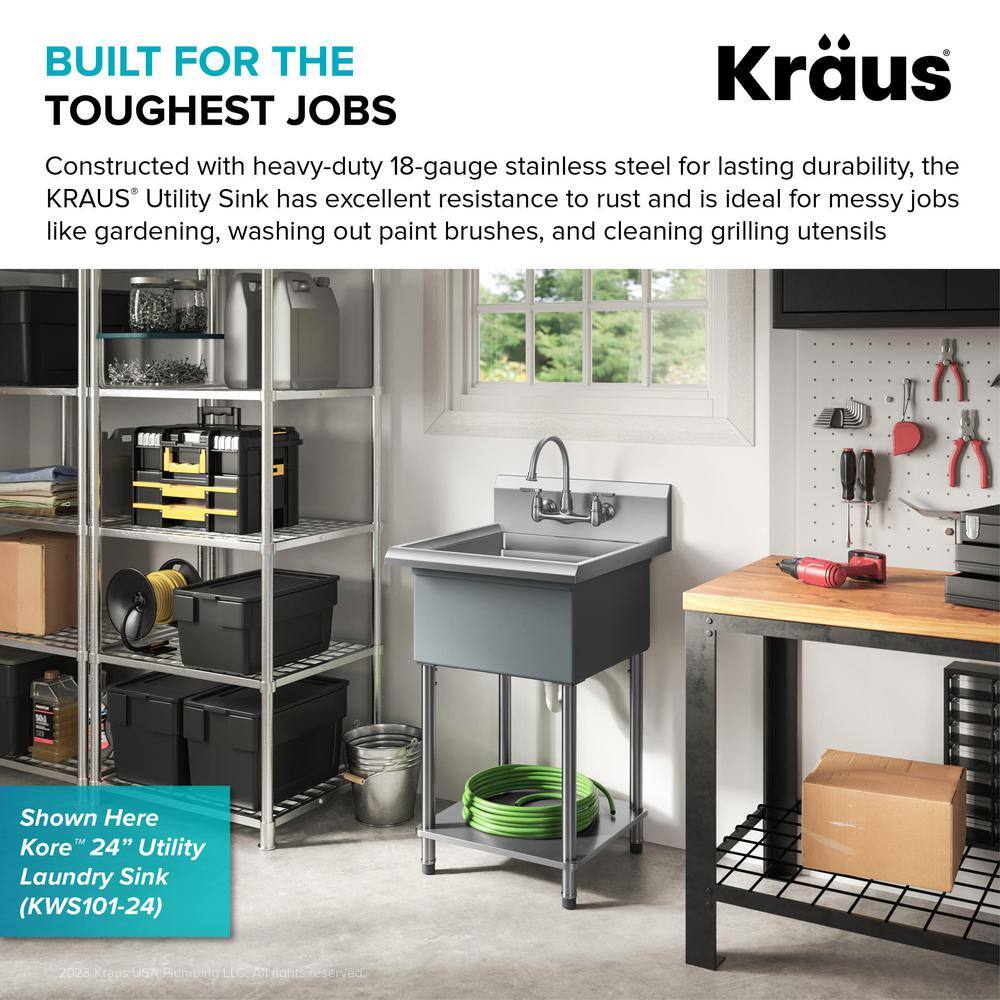 KRAUS Kore 32 in. W 18-Gauge Workstation Stainless Steel Single Bowl Commercial Utility Laundry Sink for Wall Mount Faucet KWS100-32