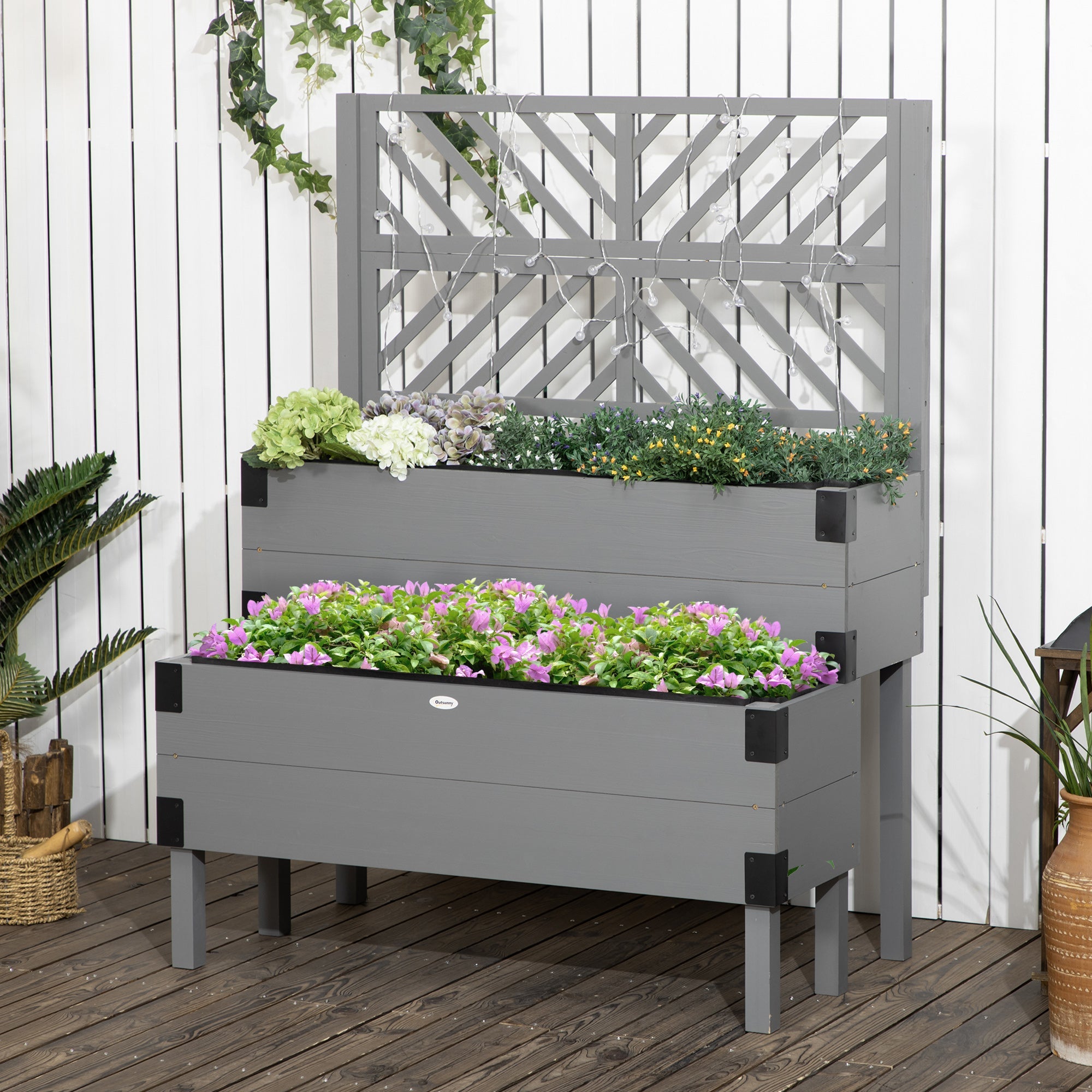 Outsunny 2 Tier Raised Garden Bed with Trellis, Wooden Elevated Planter Box with Legs and Metal Corners, for Vegetables, Flowers, Herbs, Gray