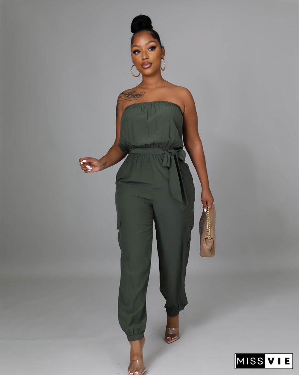 Pocket Design Belted Bandeau Jumpsuit