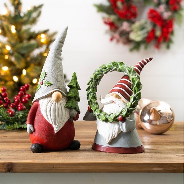 Set of 2 Gnomes Holding Christmas Tree and Wreath Figurines 10.75