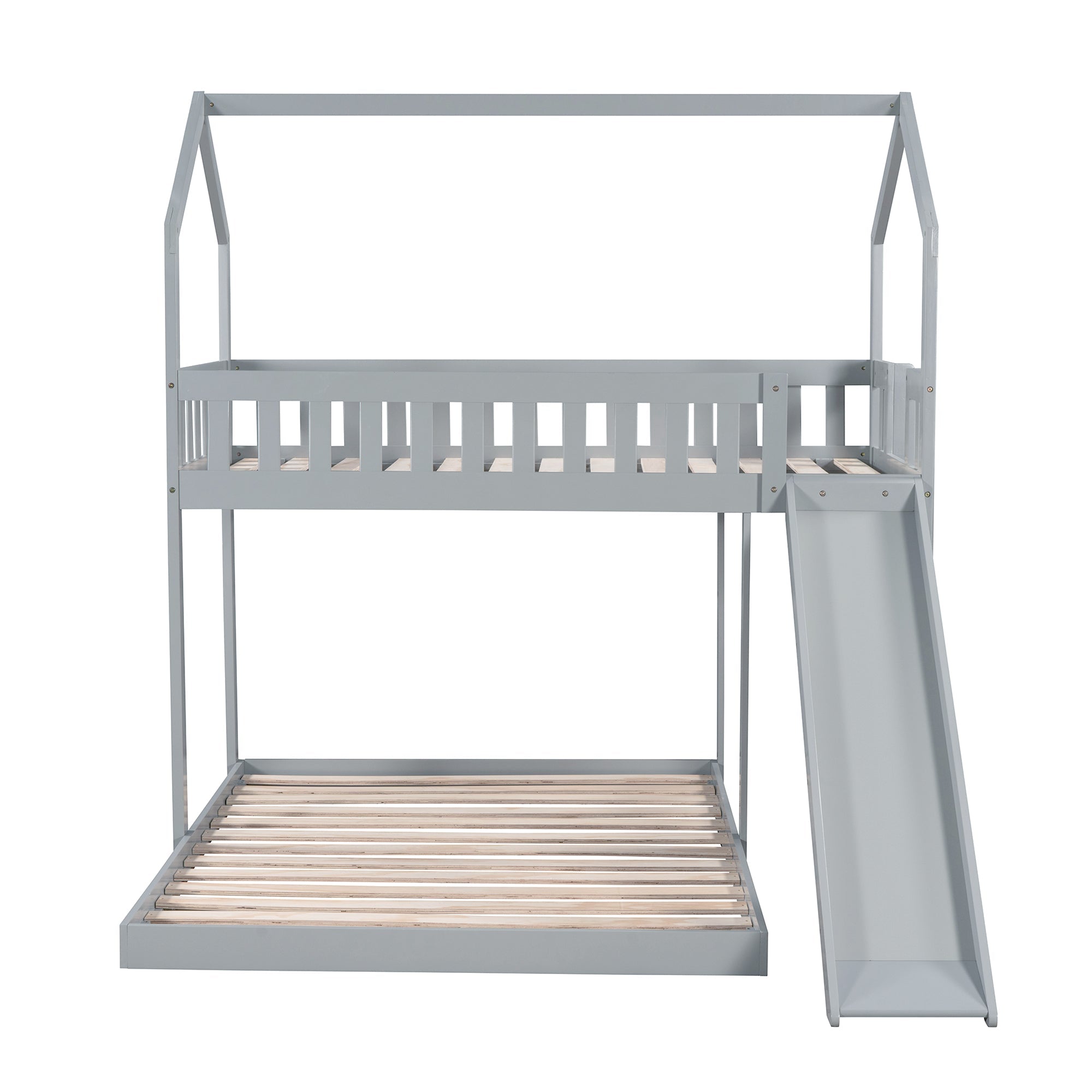 Modern Wood Twin over Full House Bunk Bed for Kids Bedroom, Gray